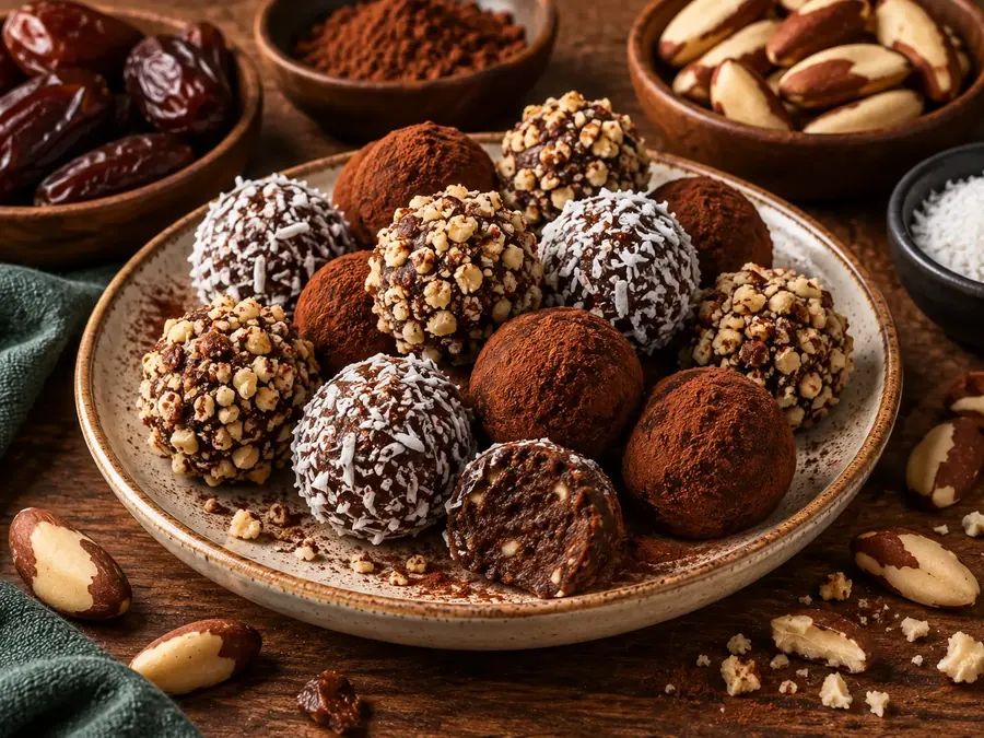 Docinhos de cacau com castanhas e coco ralado