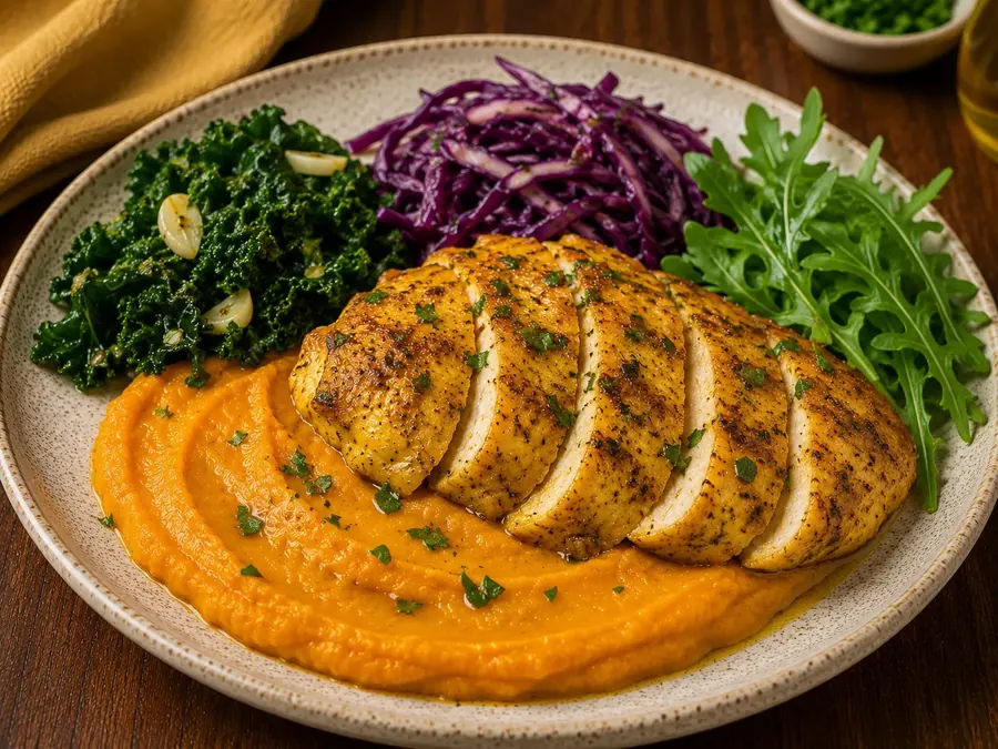 Frango grelhado com purê de abóbora, couve e repolho roxo