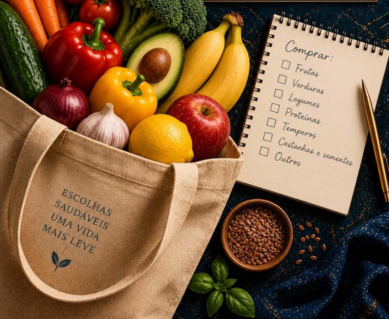 Capítulo Lista Prática de Compras do livro digital, com sacola de feira cheia de vegetais